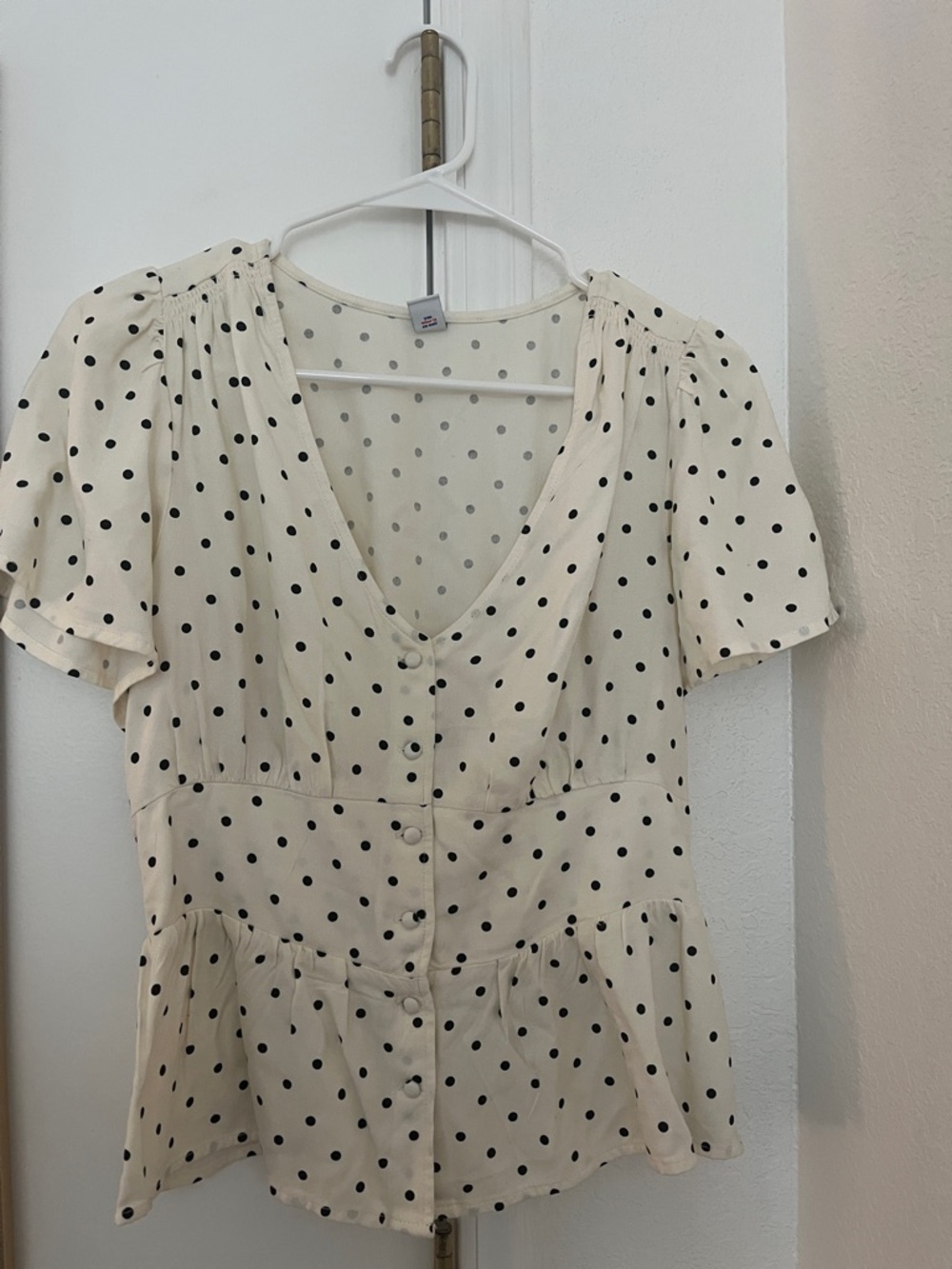 White and Black Polka Dot Button Front Peplum Top